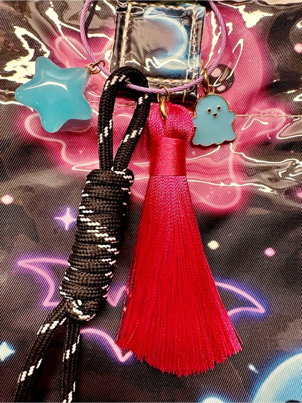 New Halloween Colorful Ghosts & Bats Black PVC Handbag Purse Tote Bag w/ Charm